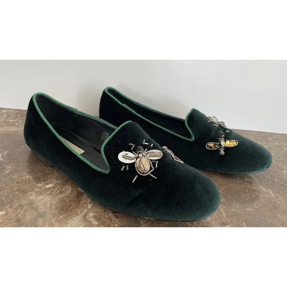Vintage Havana Green Velvet‎ Flats Beaded Bees Dragonflies Holiday Old Money 8.5